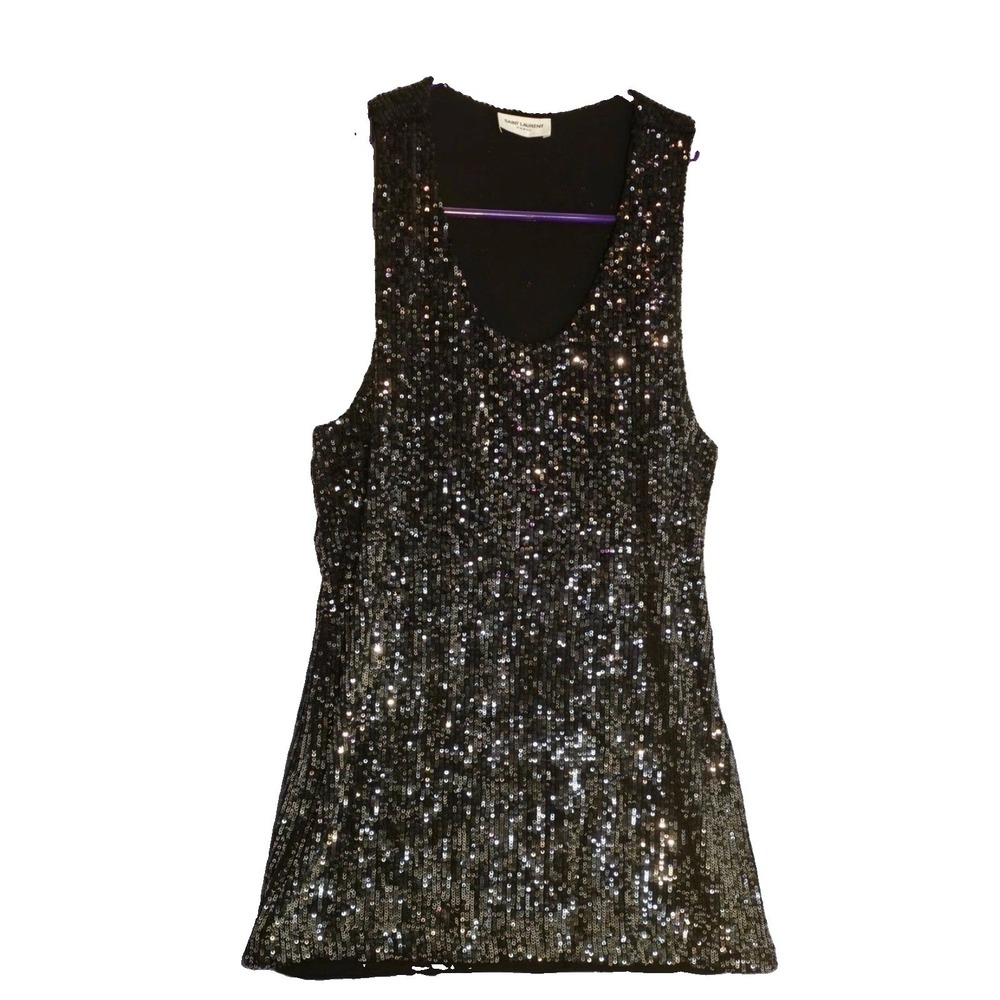 Saint Laurent Paris Black Sequin Sleeveless Tank Top M Italy     615505 YBSH2